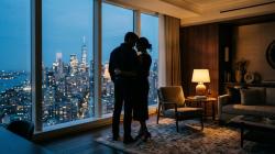 Discreet adult couple silhouette in a modern American hotel suite at dusk, illustrating married fuck buddy hookup discretion in the USA